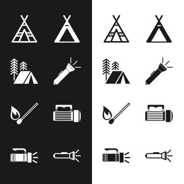 El feneri, turist çadırı, ateşle yanan kibrit ve ikon. Vektör