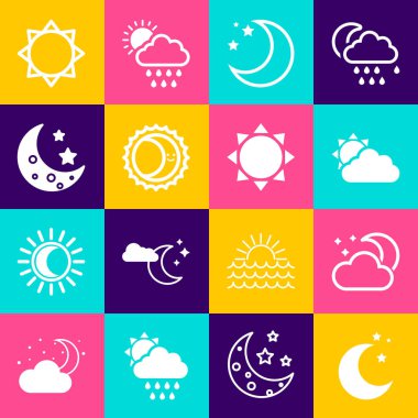 Ay 'ı ve yıldızları, Ay' ı, Bulut 'u, Güneş bulutlarını, Güneş tutulmasını ve ikonu. Vektör