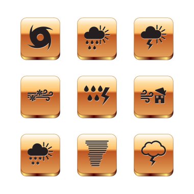Kasırga, karlı Bulutlu, Fırtınalı, Rüzgarlı ve Yağmurlu Güneş ikonlu. Vektör