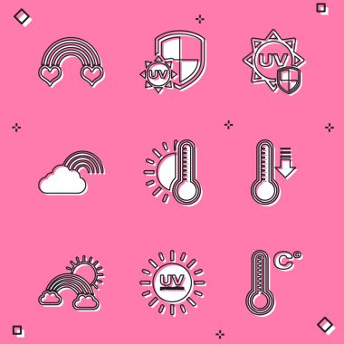 Gökkuşağını kalp, ultraviyole koruma, bulut, termometre güneş, meteoroloji termometresi, bulutlar ve ikon ile ayarla. Vektör
