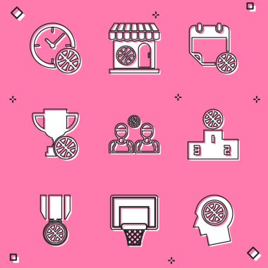 Basketbol toplu saat, spor mağazası ve, spor takviminde basketbol, ödül kupası, oyuncular, kazanan podyum, madalya ve arka tahtada ikon. Vektör