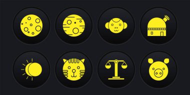 Güneş tutulması, astronomik gözlemevi, Tiger Zodiac, Terazi, Maymun, Mars, Domuz ve Ay ikonu. Vektör