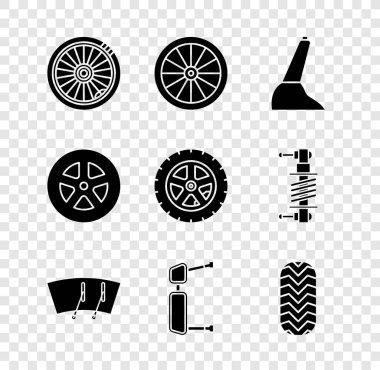 Araba tekerleği, el freni, ön cam sileceği, kamyon yan aynası, lastik ve ikon. Vektör