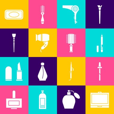 Makyaj tozunu ayna, Pipette, göz kalemi, kaş, saç kurutma makinesi, fırça, sabun ve saç fırçası ikonu ile ayarla. Vektör