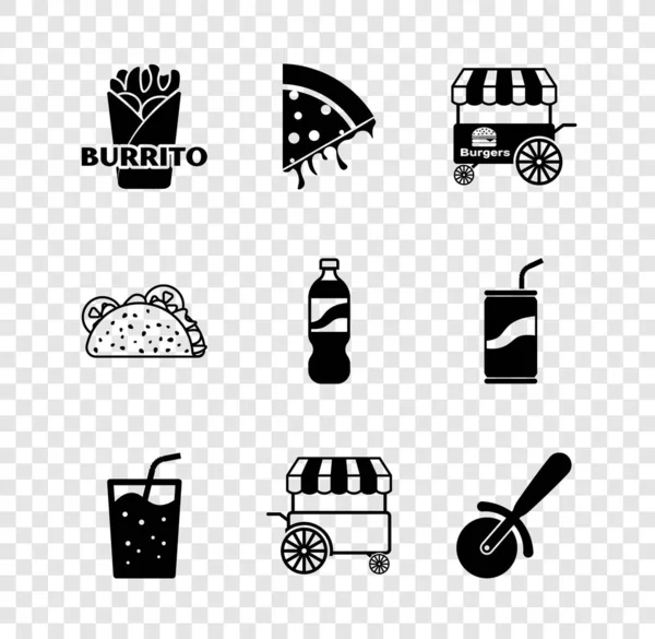 Set Burrito, Pizza in Scheiben, Fast-Food-Wagen, Glas mit Wasser, Pizzamesser, Taco-Tortilla und Flaschensymbol. Vektor — Stockvektor