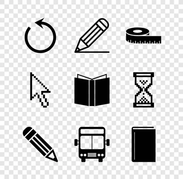 Állítsa Refresh, ceruza és vonal, szalag intézkedés, busz, könyv, Pixel nyíl kurzor és nyitott könyv ikon. Vektor — Stock Vector