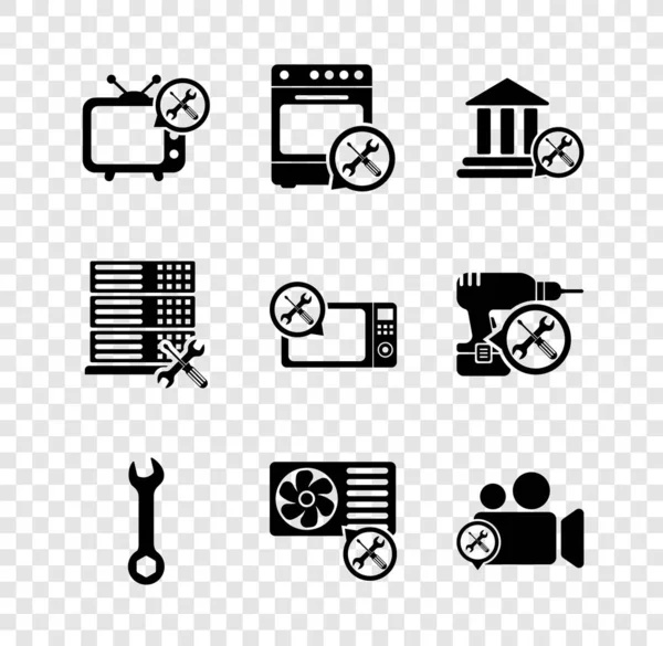 Послуги Set Tv, Oven, Bank building, Wrench, Air conditioner, Video camera, Database server і Microwave oven icon. Вектор — стоковий вектор