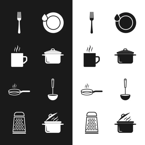 Set olla de cocina, taza de café, tenedor, platos de lavado, sartén, cucharón de cocina e icono rallador. Vector — Archivo Imágenes Vectoriales