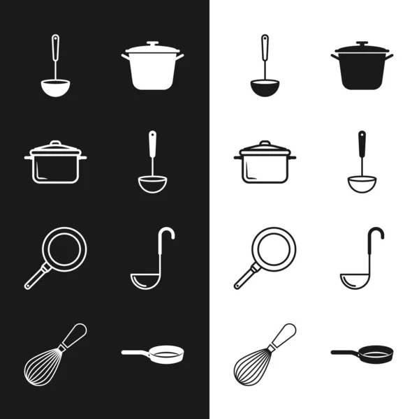 Conjunto cucharón de cocina, olla de cocina, sartén, y el icono de batidor. Vector — Vector de stock