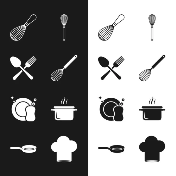 Set Küchenbesen, gekreuzte Gabel und Löffel, Geschirr, Kochtopf, Kochmütze und Bratpfanne Symbol. Vektor — Stockvektor