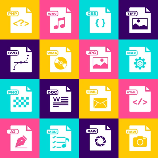 Establecer documento de archivo RAW, HTML, MAX, CSS, WMA, SVG, PHP y el icono de JPG. Vector — Vector de stock