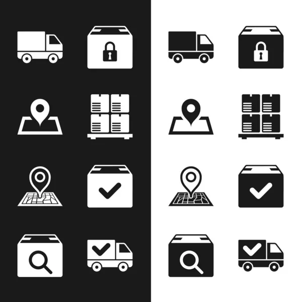 Set Cardboard boxes on pallet, Placeholder map, Delivery cargo truck vehicle, Locked package, Package with check mark, and Search icon. Vector — Stock Vector