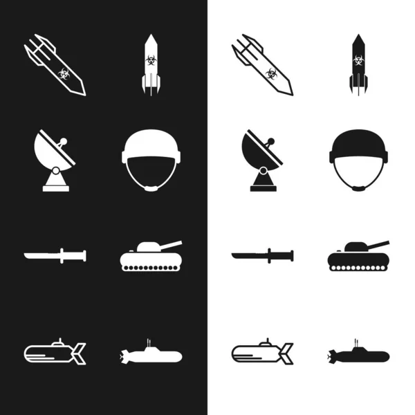 Set Casco militar, radar, cohete de riesgo biológico, cuchillo, tanque, submarino e icono. Vector — Vector de stock