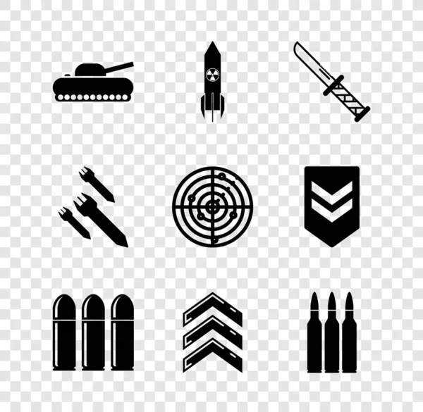 Sätt militär tank, kärnvapenraket, kniv, kula, rang, raket och radar med mål ikon. Vektor — Stock vektor