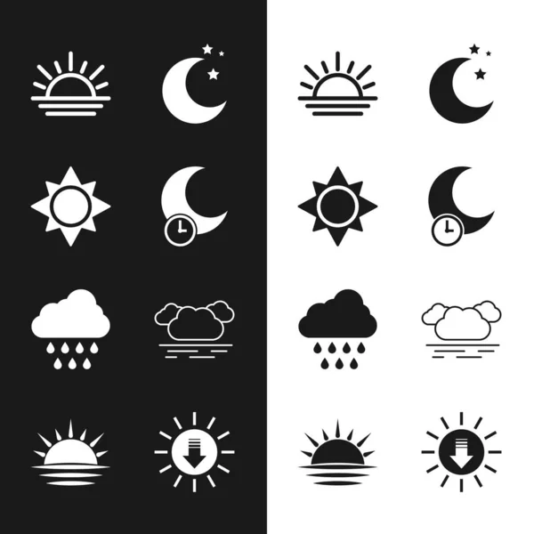 Definir Lua Adormecida, Sol, Pôr do Sol, Lua e estrelas, Nuvem com chuva e ícone. Vetor — Vetor de Stock
