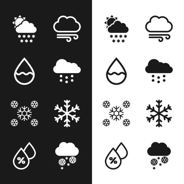 Definir nuvem com neve, gota de água e sol, tempo ventoso, neve e floco de neve ícone. Vetor — Vetor de Stock
