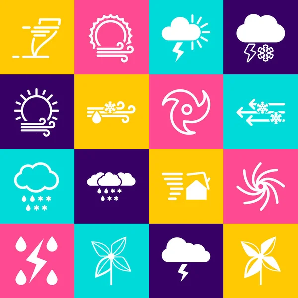 Set Windrad, Tornado, Wind und Schnee, Sturm, Regen mit, Sonne und Symbol. Vektor — Stockvektor