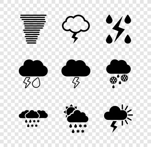 Set Tornado, Sturm, Wolke mit Schnee und Regen, Schnee, Regen, Sonne, Blitz und Symbol. Vektor — Stockvektor