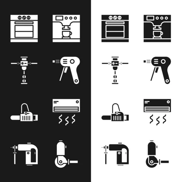 Set Elektrické horké lepidlo pistole, Stavební kladivo, Pečicí, Kávovar a pohár, Řetězová pila a klimatizace ikona. Vektor — Stockový vektor