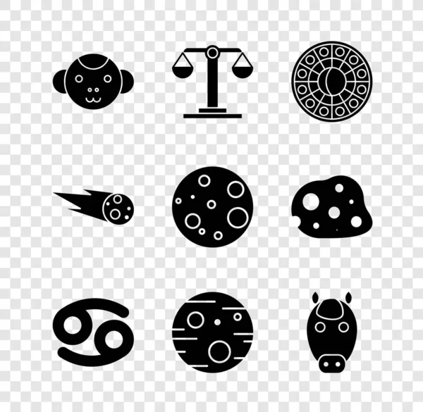 Set Monkey zodiac, Libra, Astrology horoscope circle, Cancer, Planet Mars, Horse, Comet falling down fast and Moon icon. Vector — Stock Vector