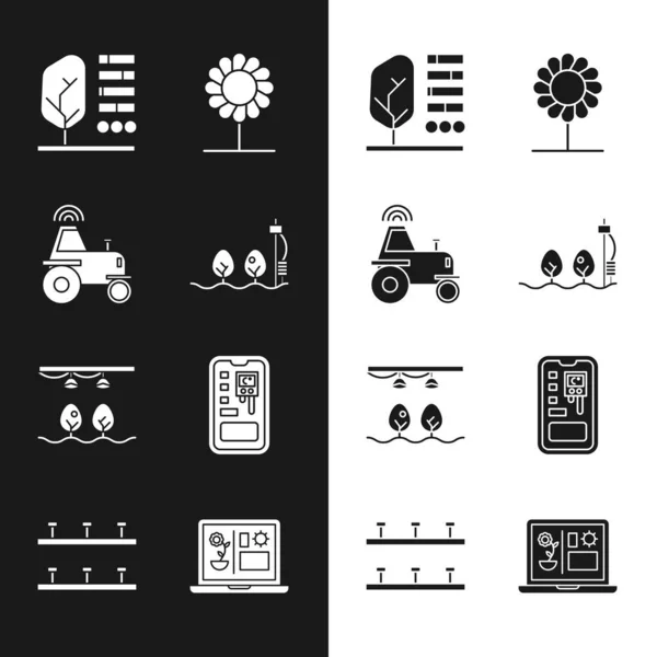 Set Standalone-Sensor und Anlage, Drahtlose Traktor Smart Farm, Pflanzenstatus, Blume, Smart mit Glühbirne, Steuerung der Landwirtschaft, Technologie und automatische Bewässerungsregner Symbol. Vektor — Stockvektor