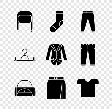 Kış şapkasını kulaklık, çorap, spor pantolon, çanta, etek, tişört, elbise dolabı ve spor ceket ikonu ile ayarla. Vektör