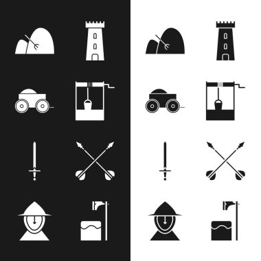 Kovayla, tahta dört tekerlek arabasıyla, saman ve tırmıkla, kale kulesiyle, ortaçağ kılıcıyla, çapraz oklarla, ağaç bloğunda cellat baltasıyla ve demir kask ikonuyla iyi ayarlayın. Vektör