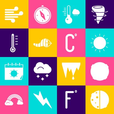 Güneş tutulması, Ay, Güneş, Meteoroloji termometresi, Koni Meteoroloji rüzgar gülü, Rüzgar ve Celsius ikonu. Vektör