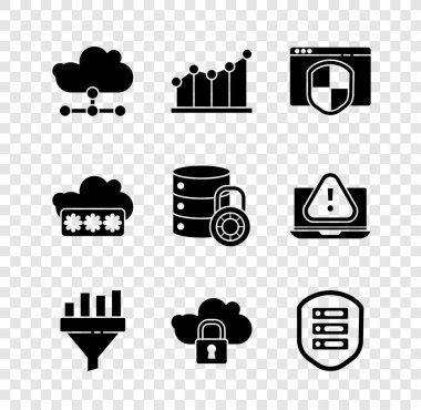 Network bulut bağlantısını, Pie grafik bilgisini, kalkan, satış hunisi, bulut bilgisayar kilidi, sunucu, parola koruması ve güvenlik simgesi ile tarayıcıyı ayarla. Vektör