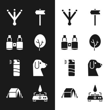 Set Ağacı, Dürbün, Kuş Ayak İzi, Yol Trafik İşareti, Biber gazı, Köpek, Gaz Ocağı ve Turist Çadırı ikonu. Vektör