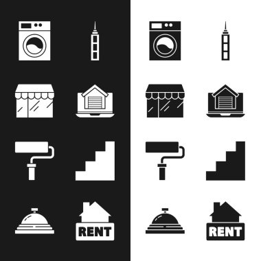 Çevrimiçi emlak evi, market, çamaşır makinesi, gökdelen, boya fırçası, merdiven, kira ve otel servis simgesi. Vektör