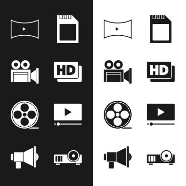 HD film, bant, çerçeve, sinema kamerası, çevrimiçi oyun videosu, SD kart, film makarası, medya projektörü ve megafon simgesi ayarla. Vektör