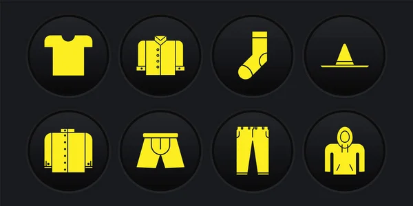 Set T-shirt, chapeau ouvrier jardinier, sous-vêtements pour hommes, pantalons, chaussettes, sweat à capuche et icône. Vecteur — Image vectorielle