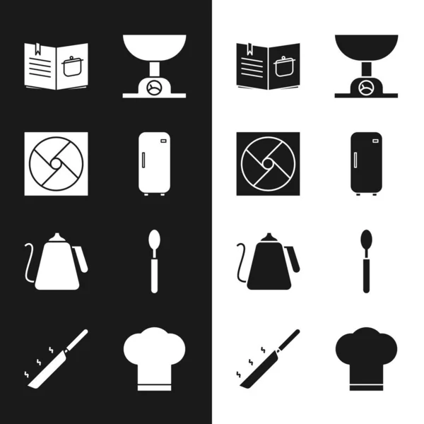 Set Réfrigérateur, Ventilation, Livre de cuisine, Balance électronique, Bouilloire avec poignée, Cuillère, Chapeau de chef et icône de la poêle. Vecteur — Image vectorielle