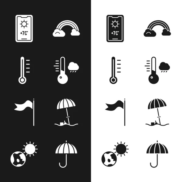 Réglage Thermomètre météorologique, Prévisions météorologiques, Arc-en-ciel avec nuages, girouette, plage de parasols de protection solaire, Parapluie et globe terrestre et icône du soleil. Vecteur — Image vectorielle