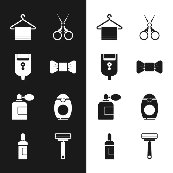 Set Bow tie, Elektriska rakblad för män, Handduk på hängare, sax frisör, Aftershave flaska med atomizer, Flaska schampo, Rakning och skägg och mustascher vård olja ikon. Vektor — Stock vektor