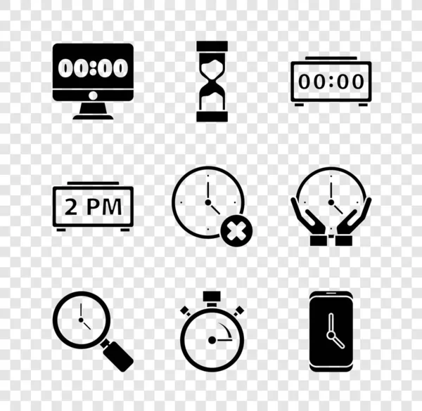 Establecer el reloj en el monitor, reloj de arena viejo, despertador digital, lupa con, cronómetro, aplicación de alarma móvil, y eliminar el icono. Vector — Archivo Imágenes Vectoriales