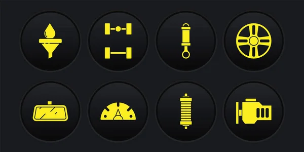 Set Autospiegel, Leichtmetallrad, Tacho, Stoßdämpfer, Fahrgestell, Motor und Trichter prüfen und Öltropfen-Symbol. Vektor — Stockvektor