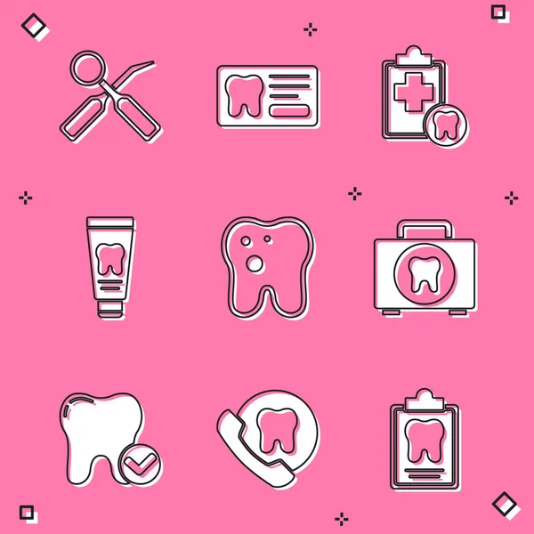 Набор Зеркало для стоматологического осмотра, карта, тюбик зубной пасты, Зуб с кариесом, аптечка, отбеливающая концепция и иконка онлайновой стоматологической помощи. Вектор — стоковый вектор