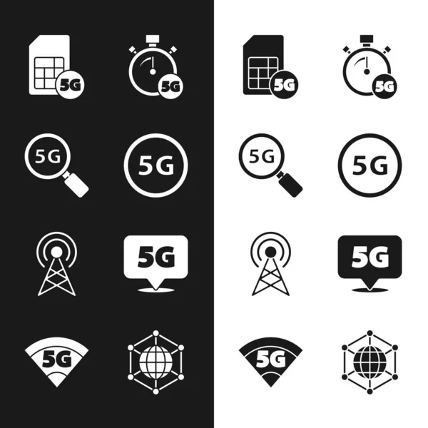 Definir rede 5G, Pesquisa, Sim Card, Medidor de velocidade digital, Antena, Localização, Social e ícone. Vetor — Vetor de Stock