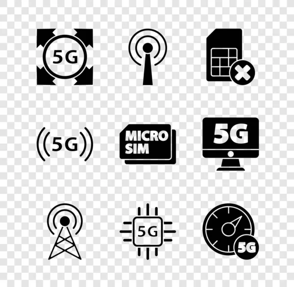 Set 5G-netwerk, antenne, simkaart geweigerd, processor, digitale snelheidsmeter en Micro Card icoon. Vector — Stockvector