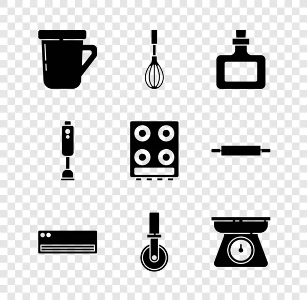 Set Kaffeetasse, Schneebesen, Saucenflasche, Klimaanlage, Pizzamesser, Waage, Mixer und Gasherd-Symbol. Vektor — Stockvektor