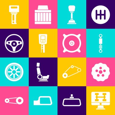 Araba, Vites, Şok Emici, Şekil Değiştiren, Uzaktan kumandalı Araba Anahtarı, Direksiyon ve Ses hoparlörü ikonu. Vektör