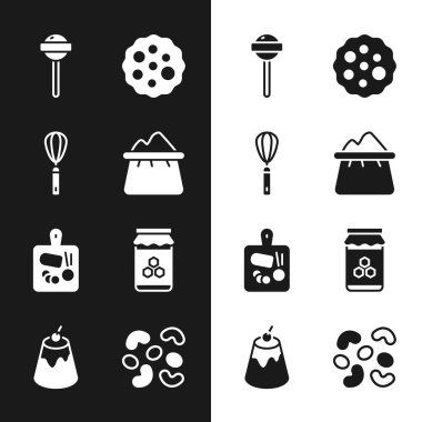 Bir torba un, mutfak çırpısı, lolipop, kurabiye ya da bisküvi, kesme tahtası, kavanoz balı, jöleli şeker ve puding kreması ikonu. Vektör
