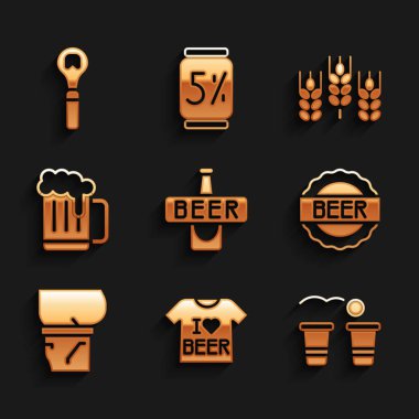 Bira şişesi, tişört, masa tenisi oyunu bira, göbek, tahta bardak, buğday ve açılış ikonu. Vektör
