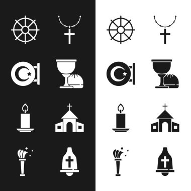 Kutsal Kase veya Kadeh, Yıldız ve Hilal, Dharma çarkı, Hıristiyan haçı zinciri, yanan mum, kilise binası, çan ve Aspergillum ikonu. Vektör