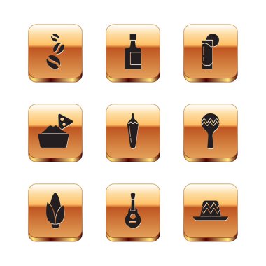 Kahve çekirdekleri, mısır, Meksika gitarı, acı biber kabı, kasede nachos, limonlu tekila bardağı, sombrero ve şişe ikonu. Vektör