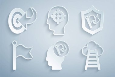 El ele tutuşan bayrak, kalkanla kalkan, merdiven bitirme, kafa avcılığı ve hedef ikonu. Vektör