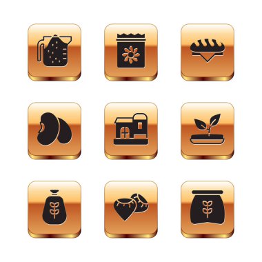 Ölçme kabı, un torbası, tohum, çiftlik evi, fasulye, ekmek somunu ve tam tohumlu bitki ikonu koyun. Vektör