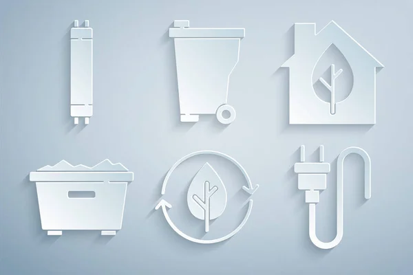 Conjunto de reciclaje y hoja, Eco casa amigable, Papelera, Enchufe eléctrico, y el icono de la lámpara fluorescente. Vector — Vector de stock